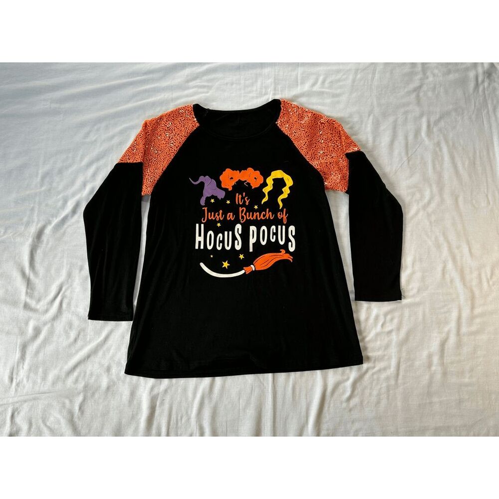 Halloween Hocus Pocus Sequined Long Sleeve Baseball Tee, Size S, Black/Orange